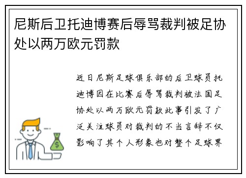 尼斯后卫托迪博赛后辱骂裁判被足协处以两万欧元罚款 尼斯后卫托迪博赛后辱骂裁判被足协处以两万欧元罚款